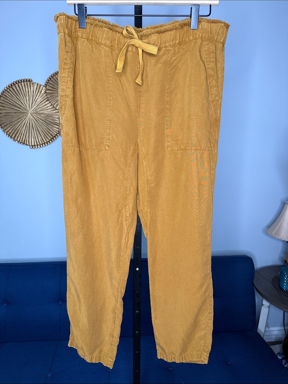 Women’s Mustard Yellow Drawstring Elastic Waist Deep Pocket Linen Lyocell Pants
